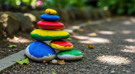 Colorful painted stones stacked, playful, a mindfulness cairn, tranquil garden path