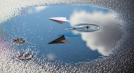 Paper airplane reflection in a puddle, blue, white, and grey, representing childhood dreams and travel