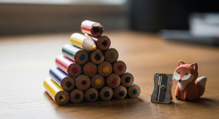 Pyramid of colored pencils with a fox sharpener, multicolored, creative art supplies concept