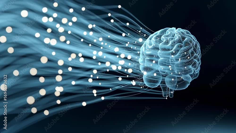 Poster a brain is shown in a blue and white color scheme with a lot of dots. the brain is surrounded by a s