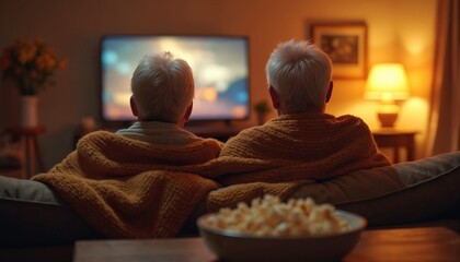 Elderly couple watches television from sofa, sharing popcorn snack. Cozy indoor scene with warm lighting. Mature man and woman enjoy leisure time together at home. Cozy blanket covers them.