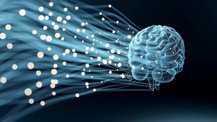 A brain is shown in a blue and white color scheme with a lot of dots. The brain is surrounded by a stream of light, which gives the impression of a brain being connected to a network of information - Powered by Adobe