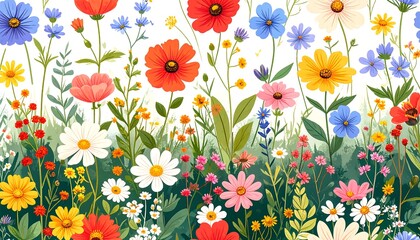 Vibrant floral meadow bursting with colorful wildflowers, displaying a variety of blossoms and greenery in a cheerful composition.