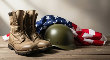Military boots and helmet on wooden surface with american flag.  Patriotic still life composition includes army boots, helmet, and folded flag.