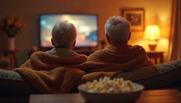 Elderly couple watches television from sofa, sharing popcorn snack. Cozy indoor scene with warm lighting. Mature man and woman enjoy leisure time together at home. Cozy blanket covers them.