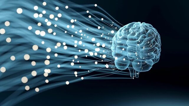 A brain is shown in a blue and white color scheme with a lot of dots. The brain is surrounded by a stream of light, which gives the impression of a brain being connected to a network of information