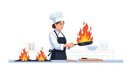 Culinary Flames: A skilled culinary artist meticulously handles a fiery pan, surrounded by flames and embodying the passion of gastronomy.