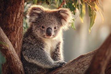 Obraz premium Cute Koala Relaxing on Eucalyptus Tree in Australian Wildlife Setting