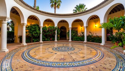 A circular courtyard with arched colonnades and intricate mosaic flooring, bathed in warm light.