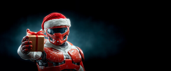 A red and white AI robot, dressed in a Santa claus costume hat, presents a wrapped gift with a bow. The template background is dark, highlighting the robot's festive appearance with copy space