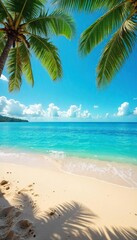 Golden Hawaiian sand meets turquoise ocean waves under a vibrant blue sky Palm trees sway gently in the warm breeze, creating a picturesque tropical paradise scene , ocean, sunny