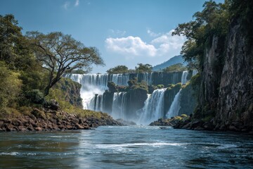 Fototapeta premium Majestic Waterfalls in Brazil: A Stunning Fusion of Nature, Birds, and Blue Skies