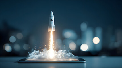 Igniting Innovation: A glowing rocket ship launches rom a digital tablet, symblizing the transformative ower of technology and entepreneurship in the digita age.