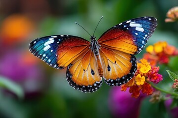 Naklejka premium Colorful Butterfly on Vibrant Flower Close Up