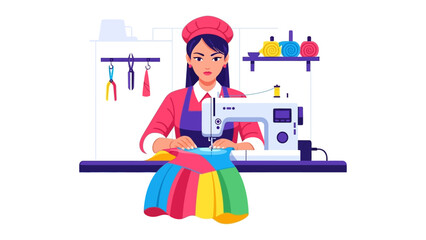 Crafting Dreams: A fashion designer focuses intently on her craft, the rhythmic hum of the sewing machine accompanying her as she breathes life into her new garment. She is working on colorful fabric.