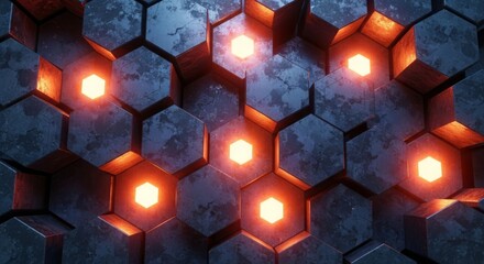 Abstract Hexagon Texture with Glowing Orange Lights