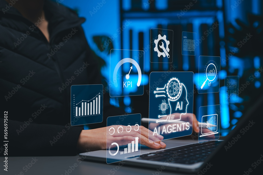 Fototapete ai agents and data analytics for business intelligence. person using laptop with interface ai agent,