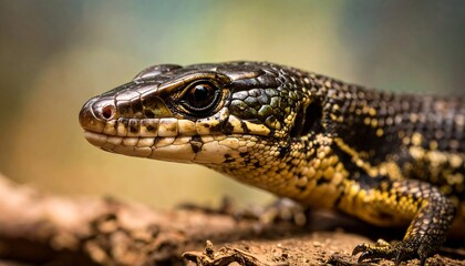 Naklejka premium Close-up profile of a lizard with intricate patterns and textures, displaying detailed scales and a focused gaze.