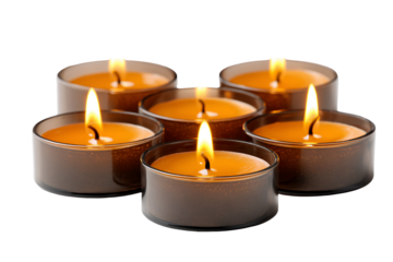 Five Burning Amber Candles Dark Background Warm Light Relaxation