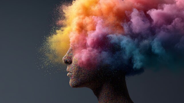 Vibrant explosion of colorful powder forms a human head profile, symbolizing creativity, imagination, and abstract thought