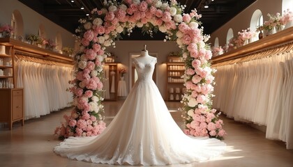 Elegant bridal gown displayed on mannequin in boutique, framed by rich floral arch. Wedding dresses line shelves. Luxurious atmosphere, romantic ambiance, perfect for bridal fashion, wedding