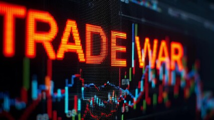 Trade war is displayed on a large screen. The image is in black and white and the text is in red - Powered by Adobe