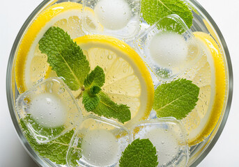 Top down view of a glass of iced water with fresh lemon slices and mint leaves closeup