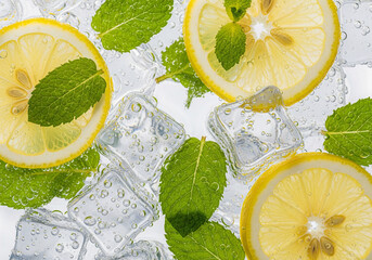 Macro shot of fresh lemon slices mint leaves and ice cubes with water bubbles on a white background
