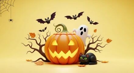 Spooky Halloween magic with glowing pumpkins, bats, ghosts, black cats, and falling leaves