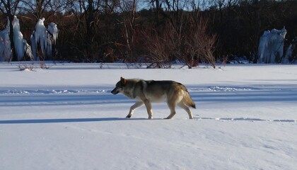 A wolf walks across a snowy landscape