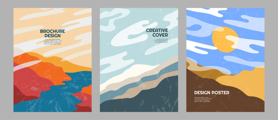 Vector illustration. Abstract landscape background with textured layer. Design elements for poster, cover, brochure, layout, wall decor. Vintage art. 70s, 80s retro graphic. River, hills and desert