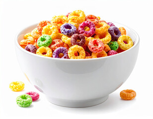 Bowl of colorful cereal rings, white background. AI
