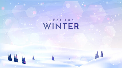 Vector illustration. Flat landscape. Snowy background with snowdrifts. Snowfall with blurred lights on blue sky. Blizzard. Cartoon horizontal wallpaper. Cold weather. Winter season with pine trees