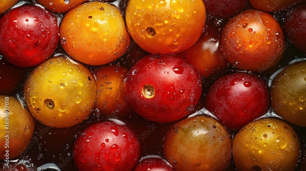 Poster close-up view of various colored cherry tomatoes submerged in liquid.
