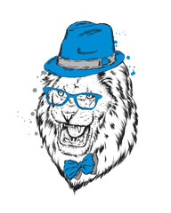 Hipster. Poster . Print . Greeting card with animals. Leo hat .