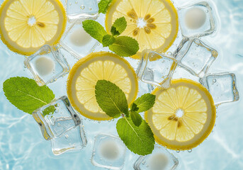 Abstract flat lay of fresh lemon slices mint leaves and ice cubes in clean blue water