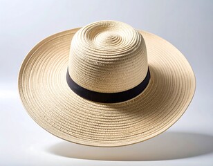 Elegant summer straw hat with black ribbon floating on a light background