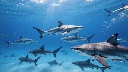 Fototapeta premium Underwater Shark Group & Blue Sea Water Marine Life Photography