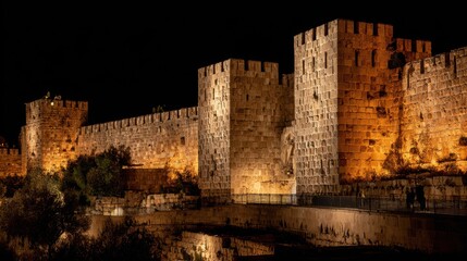 Obraz premium Historic Walls: Starlit Night View at Gate showcasing Ancient Stone Architecture