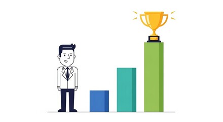 Obraz premium Achieving the Golden Trophy: A determined individual gazes at a towering graph, symbolizing the journey and aspiration for success.