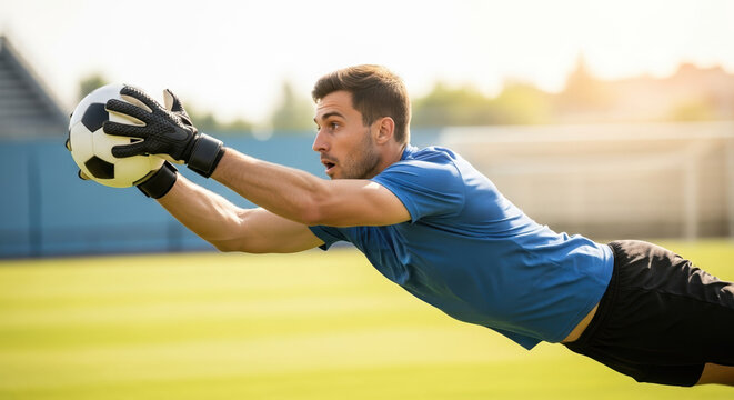 Soccer goalkeeper diving to catch ball during training session. Goalkeeper makes incredible save, showing athleticism and focus.  Dynamic soccer action shot perfect for sports websites, magazines,