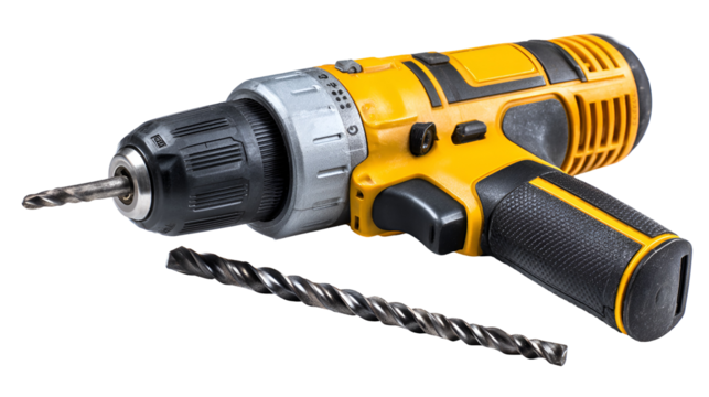 Yellow cordless drill with drill bit isolated on black background