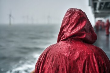 A person in a red raincoat gazes at offshore wind turbines during a rainy day at sea