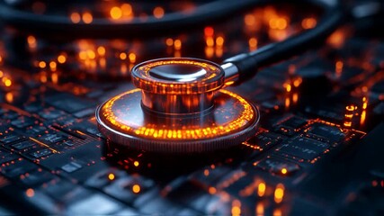A glowing stethoscope rests on a circuit board, symbolizing the fusion of technology and healthcare - Powered by Adobe