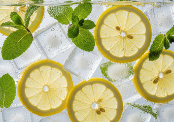 Backlit fresh lemon slices with mint and ice cubes creating a refreshing pattern on a white background