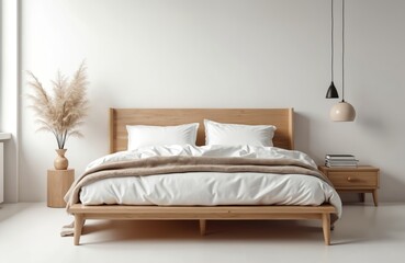 Scandinavian minimalist bedroom features wooden bed frame, white bedding, neutral toned blanket. Side table with books, dried pampas grass decor. Modern Nordic interior design style for cozy,