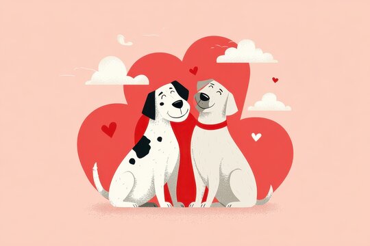Adorable Canine Couple Sharing Love on Valentine's Day with Heart and Cloud Accents