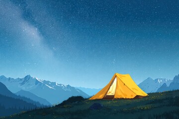 A vibrant yellow tent set against a starry night sky in a serene mountain landscape