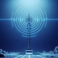 Futuristic communication tower emitting glowing blue signal waves in a digital landscape