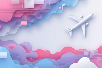 Abstract illustration of an airplane flying above colorful clouds with geometric shapes in the background